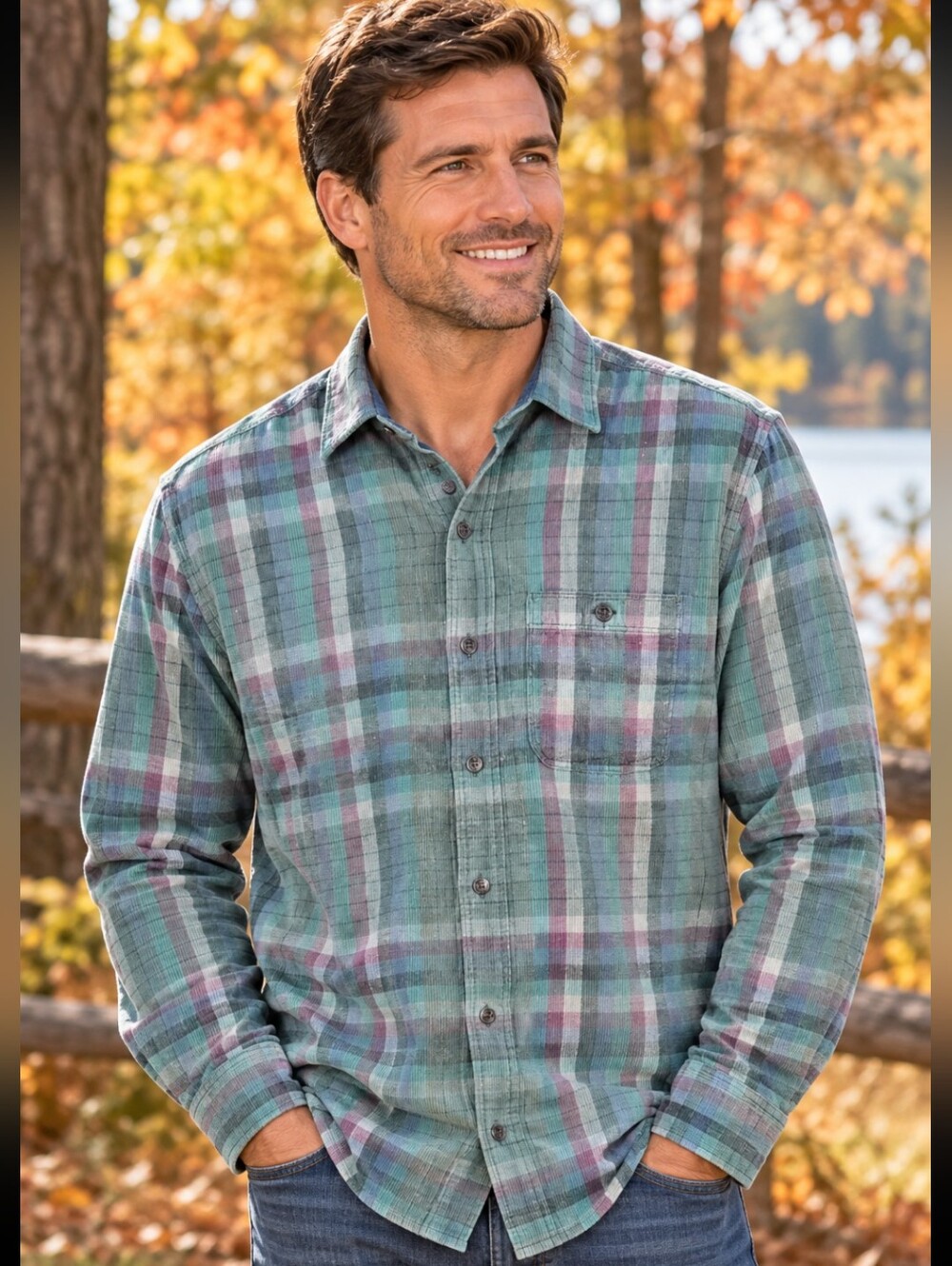 Tommy Bahama Coastline Cord Long Sleeve Shirt Mens Small Green Check Button Down